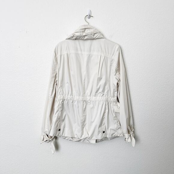 [Cole Haan] Cream Long Sleeve Utility Pocket Raincoat Packable Hood Size Large L - Picture 2 of 12